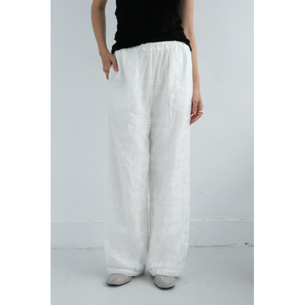 立體刺繡透光直筒寬褲|白 立體刺繡透光直筒寬褲|白
