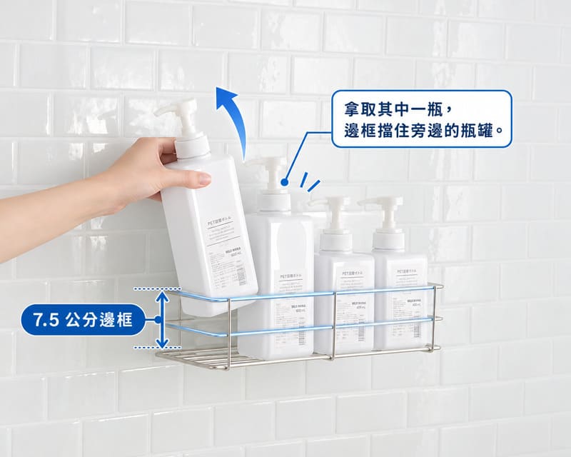 拿一瓶,不會碰倒其他瓶 瓶罐並排放,伸手就能拿