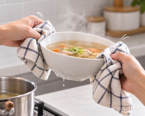 隔著抹布端熱碗,碗盤不好抓握