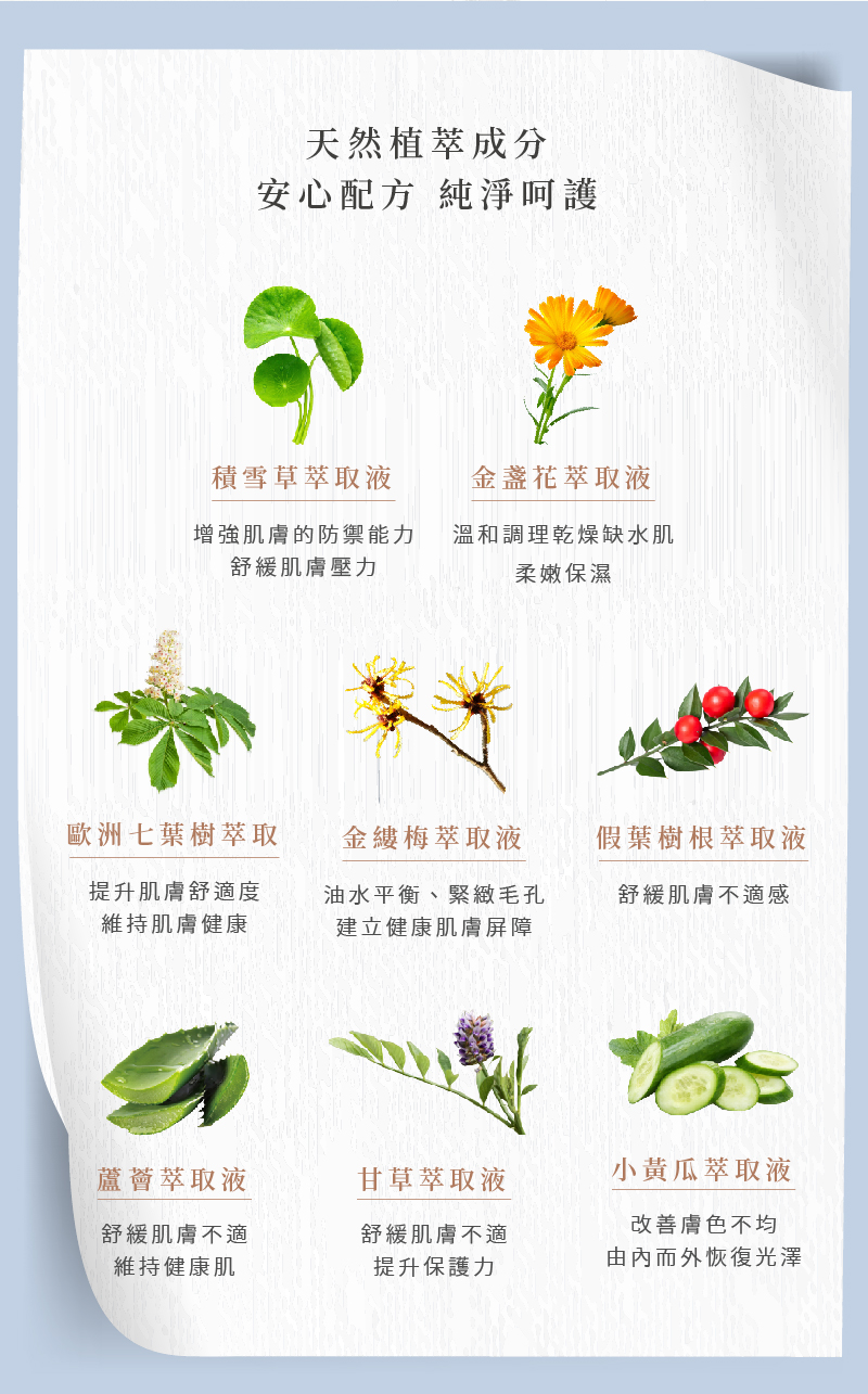 愛芮肯-白夏菊奇蹟活泉露 天然植萃成分 安心配方純淨呵護 洋甘菊萃取液 平衡油脂、淨化毛孔,強化抵抗力 小黃瓜萃取液 改善膚色不均,由內而外恢復光澤 蘆薈萃取液 舒緩肌膚不適,維持健康肌 甘草萃取液 舒緩肌膚不適,提升保護力 金縷梅萃取液 油水平衡、緊,緻毛孔建立健康肌膚屏障