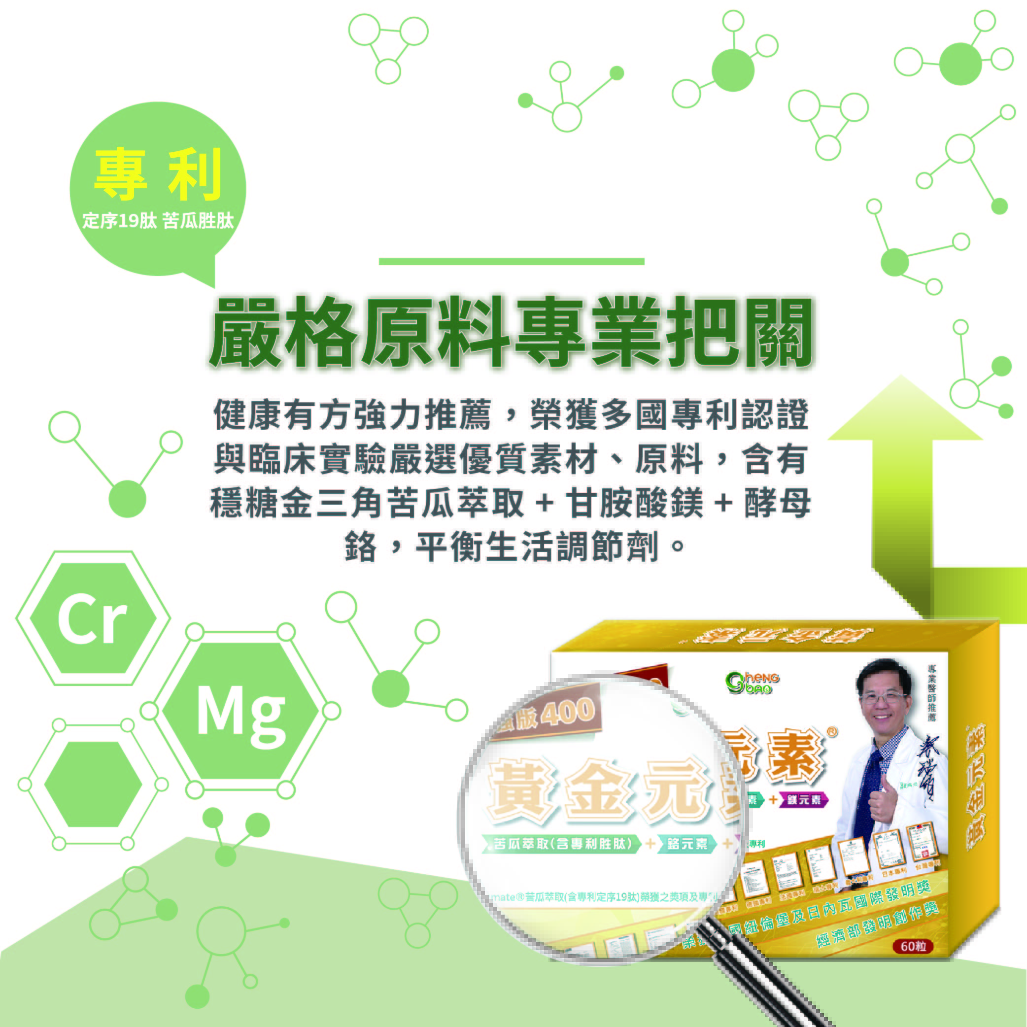 黃金元素, 穩醣, 苦瓜生態, 苦瓜胜肽, 苦瓜萃取, 鉻元素, 鎂元素, 蔡瑞頒, 糖尿病, 血糖