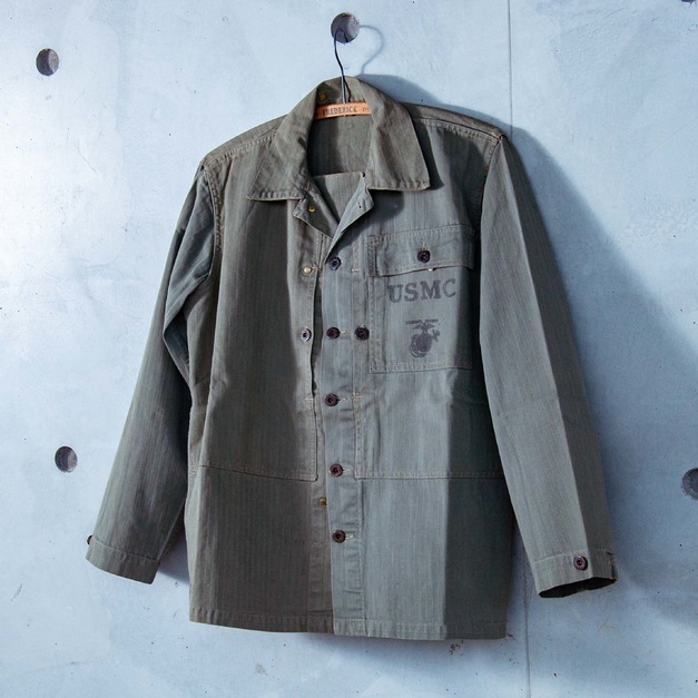 原版古着 40年代 二戰美國海軍陸戰隊公發 USMC HBT 人字紋布料 P44 野戰襯衫 稀有異色拼接 ( C款 )