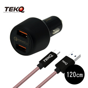【TEKQ】2孔 36W USB QC 車充+TEKQ USB-C to USB 傳輸充電線 120cm 【TEKQ】2孔 36W USB QC 車充+TEKQ USB-C to USB 傳輸充電線 120cm