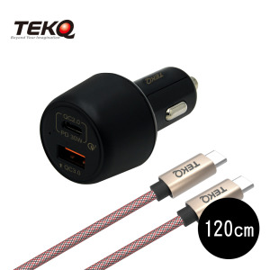 【TEKQ】2孔 48W USB-C/USB PD QC 車充+TEKQ USB-C 快充傳輸線 120cm 【TEKQ】2孔 48W USB-C/USB PD QC 車充+TEKQ USB-C 快充傳輸線 120cm