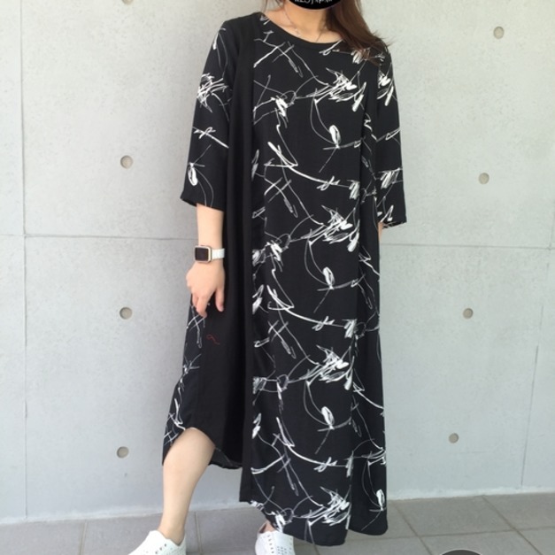 黑色大里紋加大長版小洋裝 黑色大里紋加大長版小洋裝