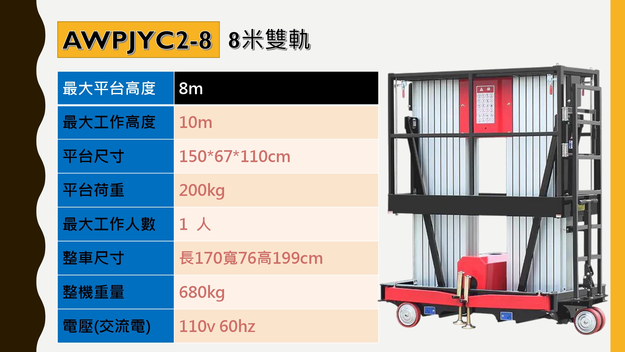 販售6米~12米單雙軌手推式鋁合金升降機,CE歐盟認證高空車,採購單軌手推鋁合金高空車,出售雙軌手推鋁合金升降機。台灣販售高規輕質高剛單軌式、雙軌式鋁合金升降機,提供6米、8米、9米、10米、12米平台高度。專營單雙軌手推式鋁合金升降機、CE歐盟認證高空車,提供採購單軌手推鋁合金高空車、出售雙軌手推鋁合金升降機,全台販售、保固維修及專業售後服務。