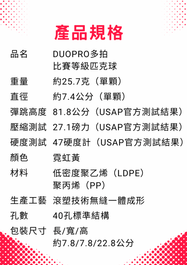 DUOPRO 比赛等级匹克球 | 唯一美國 USAP和SGS 雙認證滾塑匹克球 40孔(標準裝一盒3入)