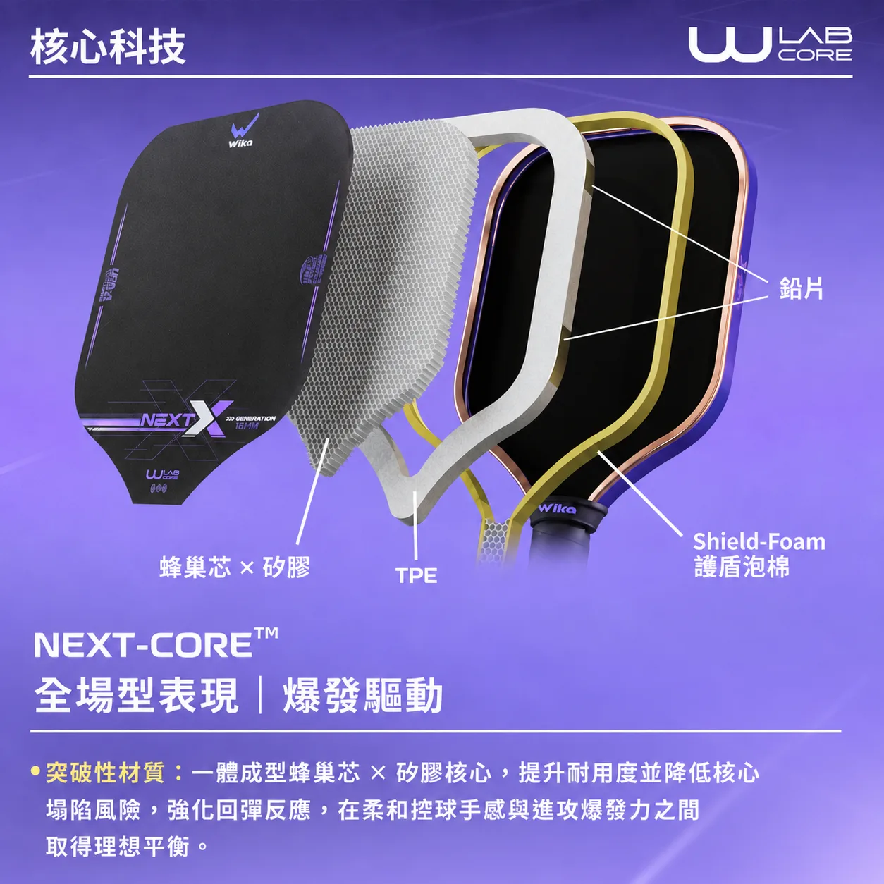 【Wika 】NEXT-X 全場型匹克球拍 (16mm) -金屬紫 贈infin單支裝匹克球拍套