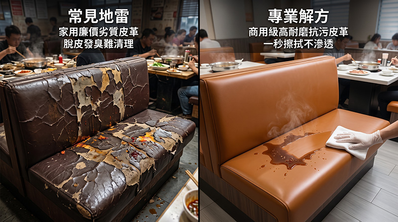 火鍋店卡座沙發材質地雷:家用劣質皮脫皮發臭開裂,對比商用級高耐磨抗污皮革防潑水一秒擦拭不滲透