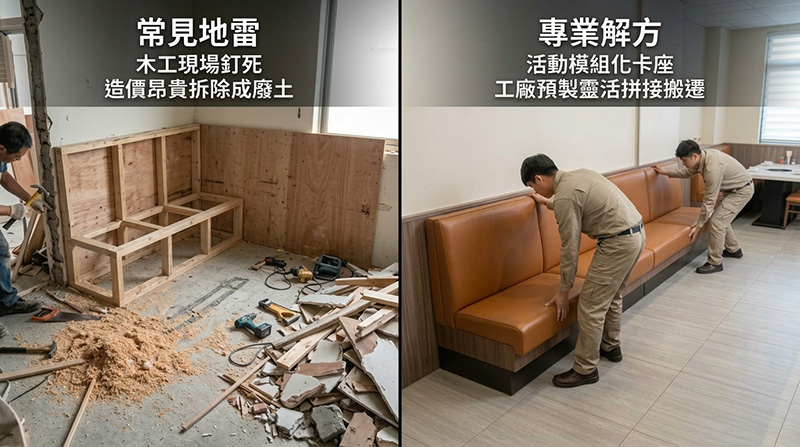 火鍋店裝潢地雷比較:現場木工釘死卡座造價昂貴難拆除,對比文昌家具半客製活動模組化卡座沙發靈活拼接搬遷