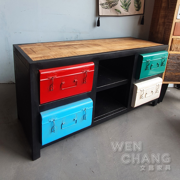 希特工業風工具箱電視櫃 CB053,芒果木頂板搭配紅藍綠白四色金屬抽屜