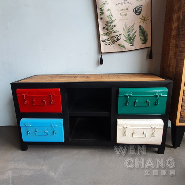 希特工業風工具箱電視櫃 CB053,芒果木頂板搭配紅藍綠白四色金屬抽屜