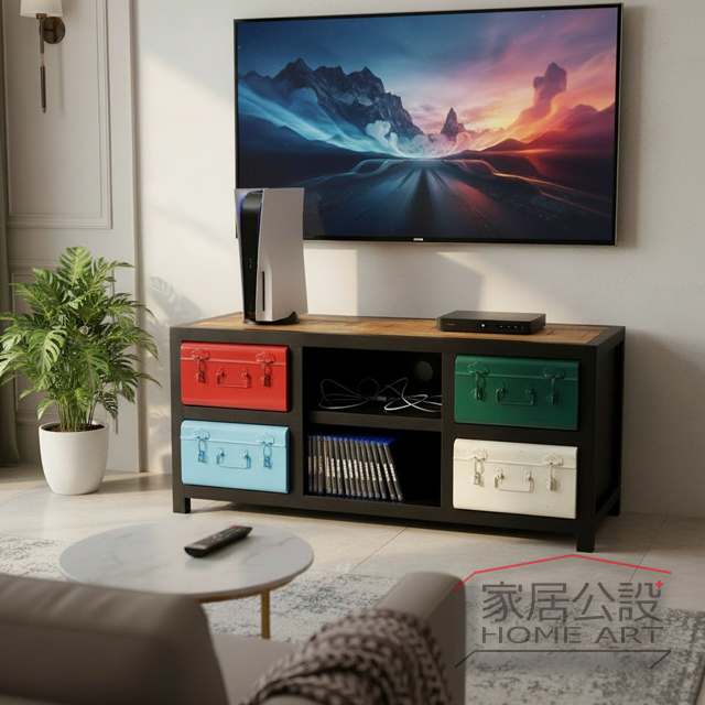 135cm寬實木電視櫃,中間附有開放式機上盒層架,LOFT風格客廳家具推薦