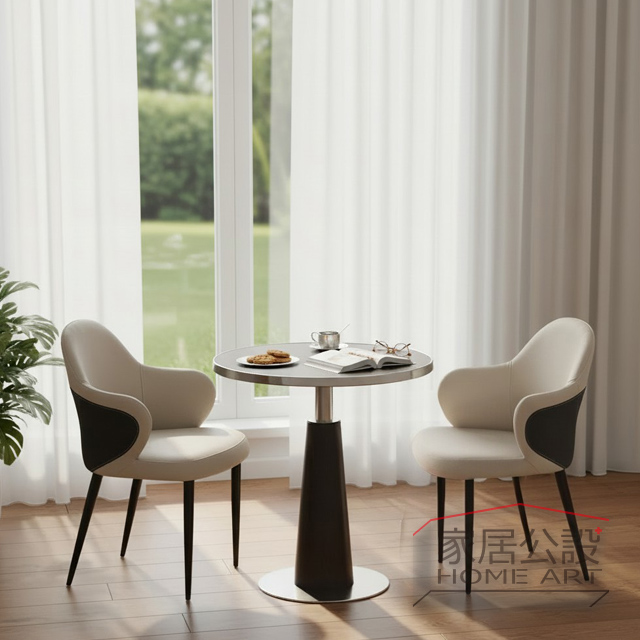 醫美診所醫美沙龍 VIP 洽談區佈置推薦,深色單柱小圓几搭配星嵐米白色皮沙發椅