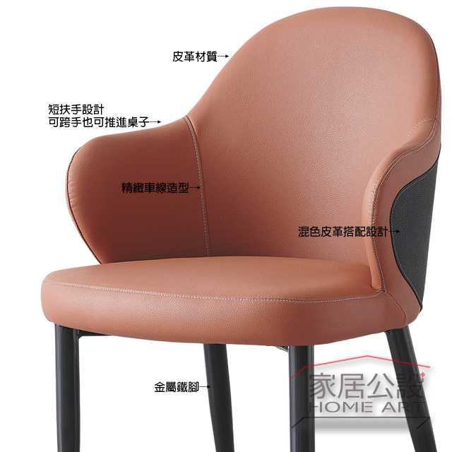 CHR043細節功能標示:高級防污皮革材質、可推入桌底短扶手設計、精緻車線與消光黑鐵腳