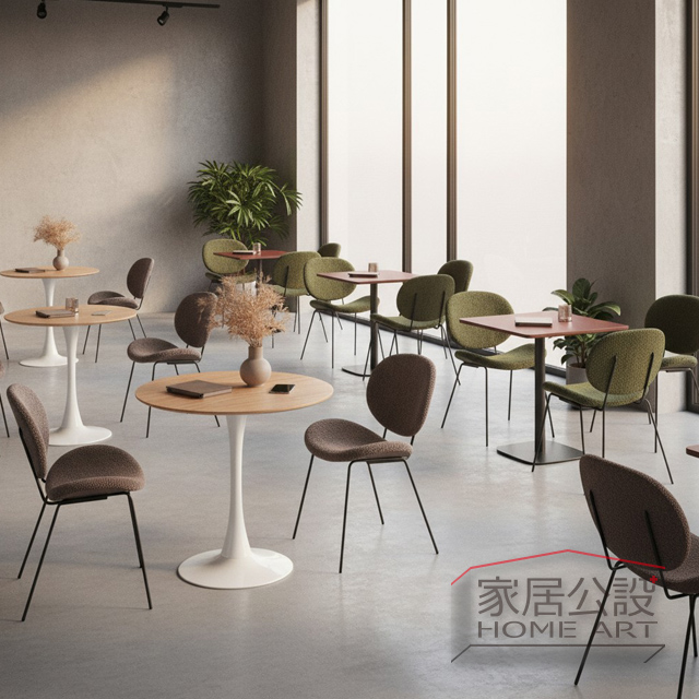 法式摩登風格咖啡廳桌椅組合案例,舒芙蕾多色羔羊絨餐椅拉出空間層次感
