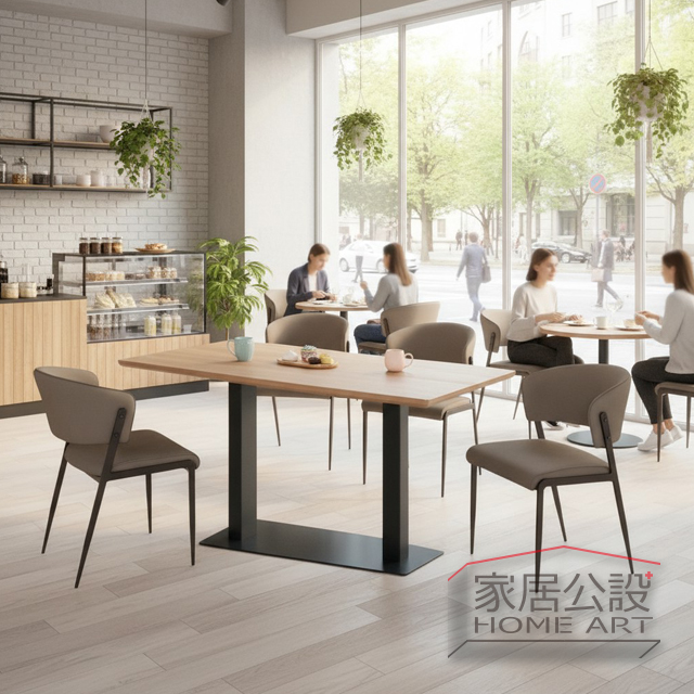 韓系奶油風咖啡廳用餐區配置,環境奶灰咖色皮革餐椅搭配雙柱實木長餐桌實景