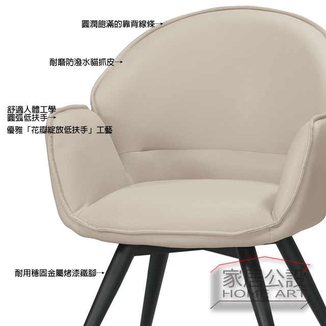 CHR077細節材質標示:圓弧靠背設計、貓抓皮材質、舒適圓弧扶手與耐用穩固金屬烤漆鐵腳