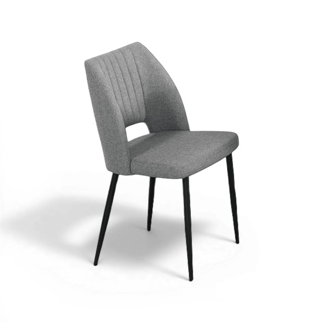 灰色北歐風鏤空亞麻餐椅 CHR110,搭配黑色金屬腳,適合咖啡廳與現代居家餐桌