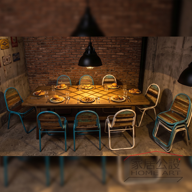 美式 Loft 工業風餐廳配置:黑武士吊燈 LC-083 搭配格雷圓背學生椅 CH056 多色混搭多人實木長餐桌椅組合搭配