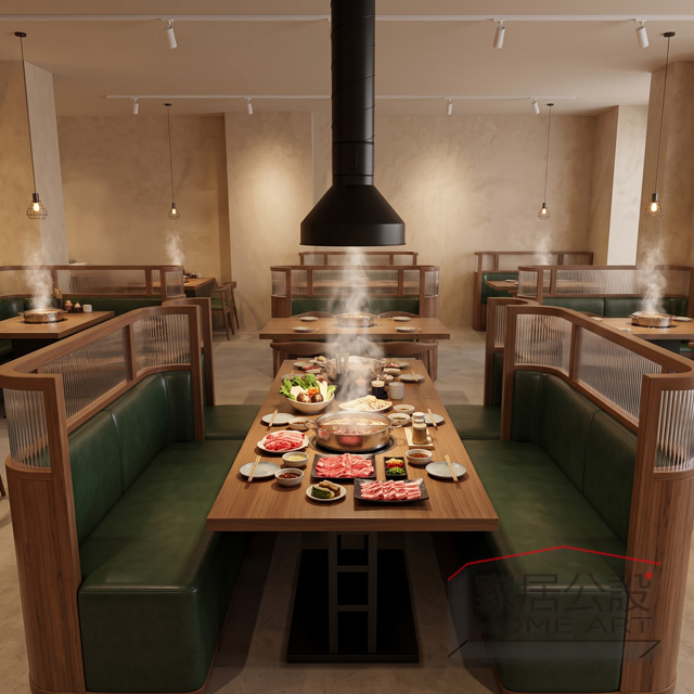 日式火鍋餐廳室內客席動線規劃,配置長虹玻璃木框卡座沙發與實木單人餐椅,打造高坪效半開放式包廂用餐區