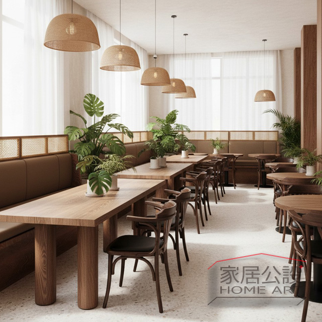 南洋度假風餐廳空間座位動線規劃,靜藤藤編卡座沙發搭配編織吊燈、長型原木餐桌與水磨石地坪