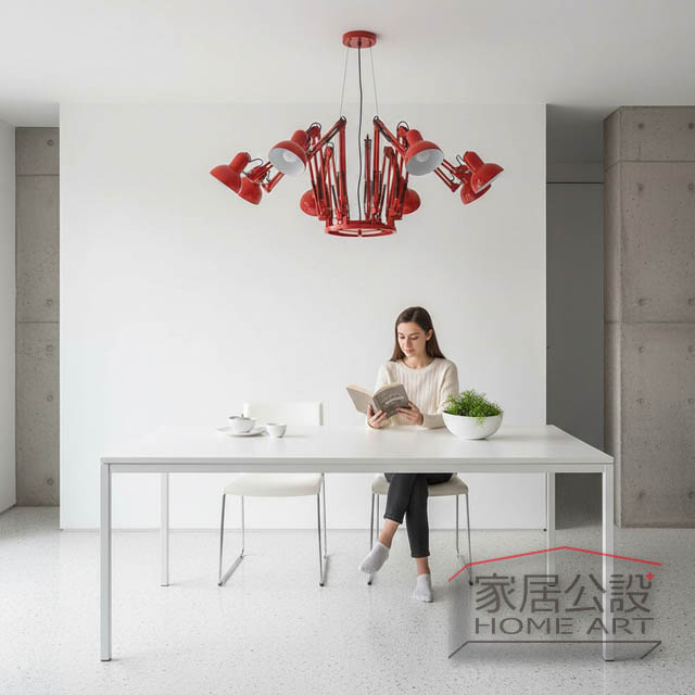 現代極簡白淨小宅餐廳裝潢,以奧拉赤紅蜘蛛吊燈作為唯一跳色藝術單品與視覺焦點