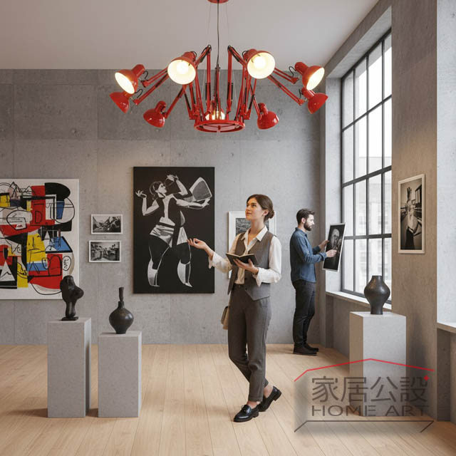 潮流藝術工作室天花板燈飾,奧拉赤紅蜘蛛吊燈 9 頭全展開,展現強烈幾何流動感