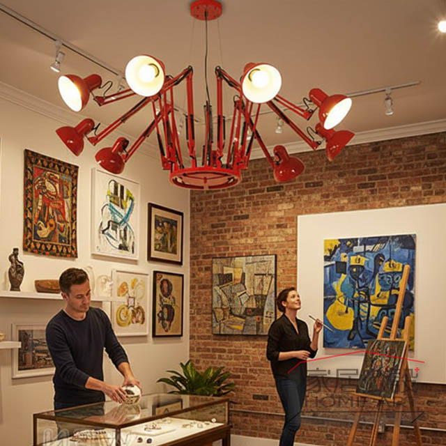 潮流藝術工作室天花板燈飾,奧拉赤紅蜘蛛吊燈 9 頭全展開,展現強烈幾何流動感