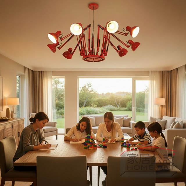 現代極簡白淨小宅餐廳裝潢,以奧拉赤紅蜘蛛吊燈作為唯一跳色藝術單品與視覺焦點