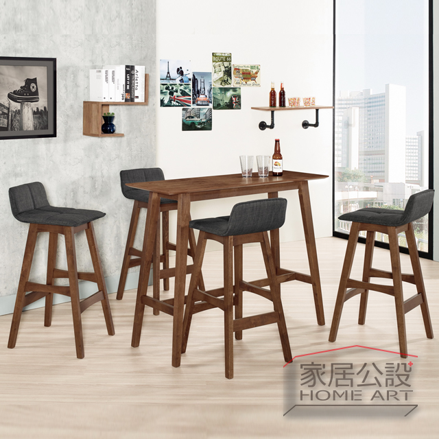 復古工業風咖啡廳吧台佈置,搭配實木霍爾吧檯椅與高腳桌