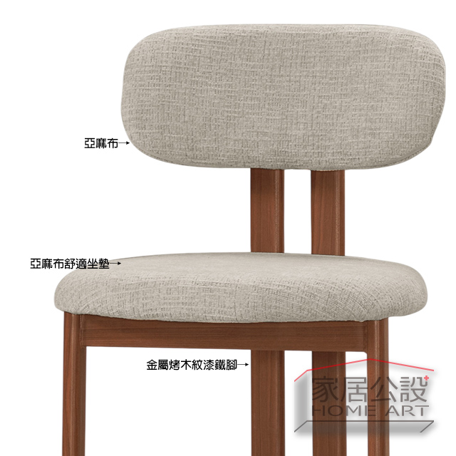 莫里 Moly 吧檯椅細節:透氣亞麻布高靠背與金屬烤木紋漆鐵腳