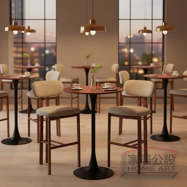 餐酒館與咖啡廳吧台佈置推薦,圓形喇叭腳吧檯桌搭配布面吧檯椅
