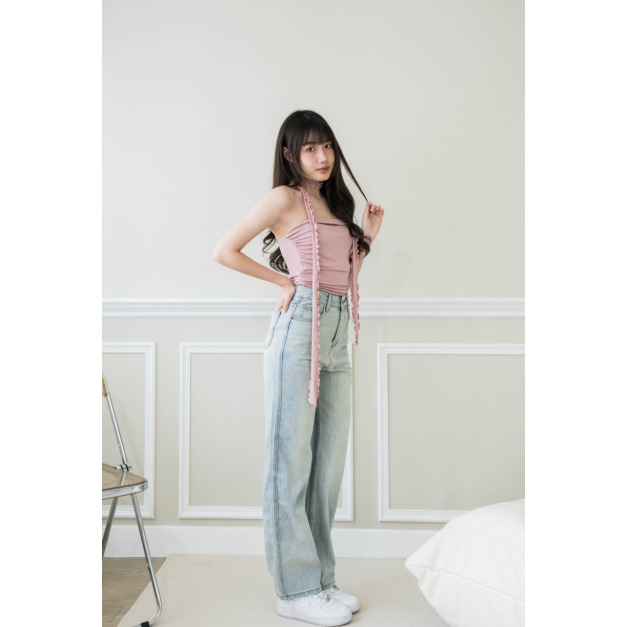 【jnauxz】月光島嶼 冰藍色柔軟高腰直筒褲 【jnauxz】月光島嶼 冰藍色柔軟高腰直筒褲