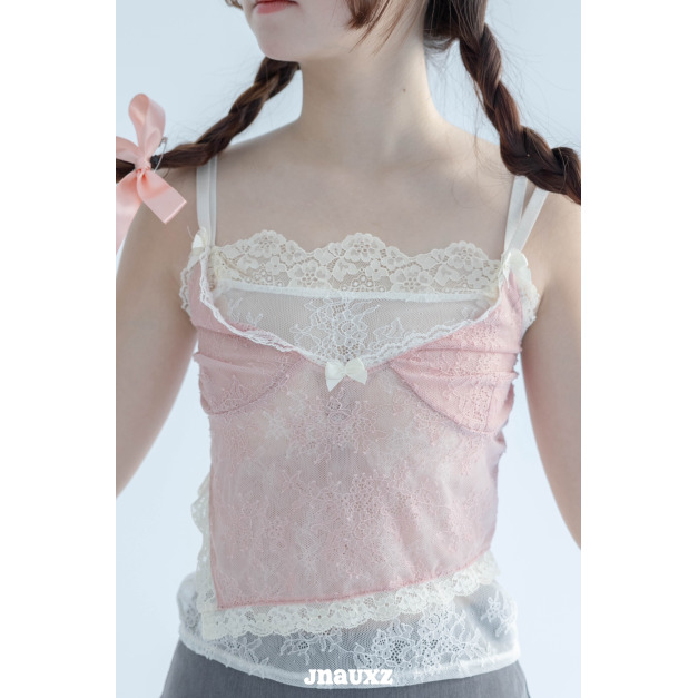 【jnauxz】現貨S!! 蕾絲芭比 設計感不規則拚色粉色蕾絲吊帶 【jnauxz】現貨S!! 蕾絲芭比 設計感不規則拚色粉色蕾絲吊帶