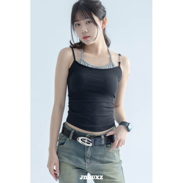 【jnauxz】暗黑辣妹 假兩件銀扣環黑灰撞色吊帶 【jnauxz】暗黑辣妹 假兩件銀扣環黑灰撞色吊帶