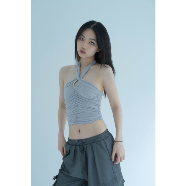 【jnauxz】霧霾幻想 霧藍色褶皺綁帶掛脖上衣 【jnauxz】霧霾幻想 霧藍色褶皺綁帶掛脖上衣