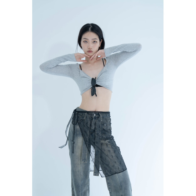 【jnauxz】灰色陷阱 辣妹V領扭結極短上衣 【jnauxz】灰色陷阱 辣妹V領扭結極短上衣