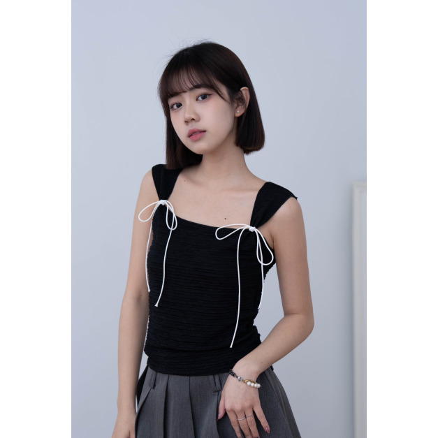 【jnauxz】心動芭蕾 簡約褶皺撞色蝴蝶結綁帶背心 【jnauxz】心動芭蕾 簡約褶皺撞色蝴蝶結綁帶背心