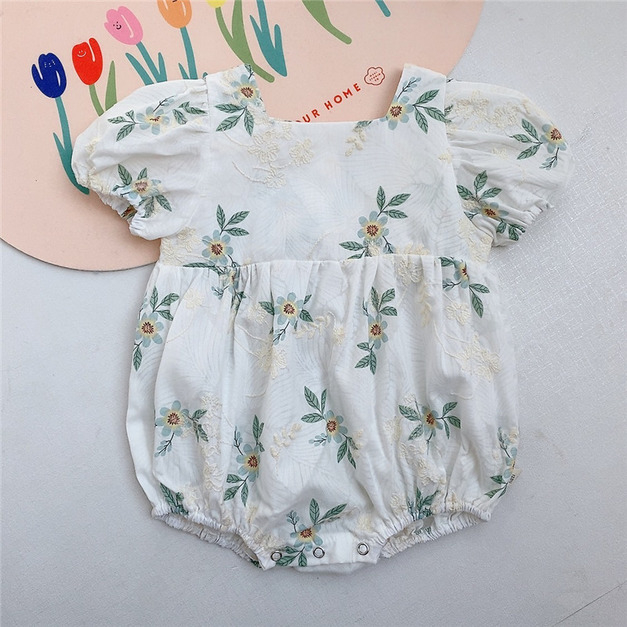 韓版緹花泡泡袖包屁衣(綠粉66-90) 韓版緹花泡泡袖包屁衣(綠粉66-90)