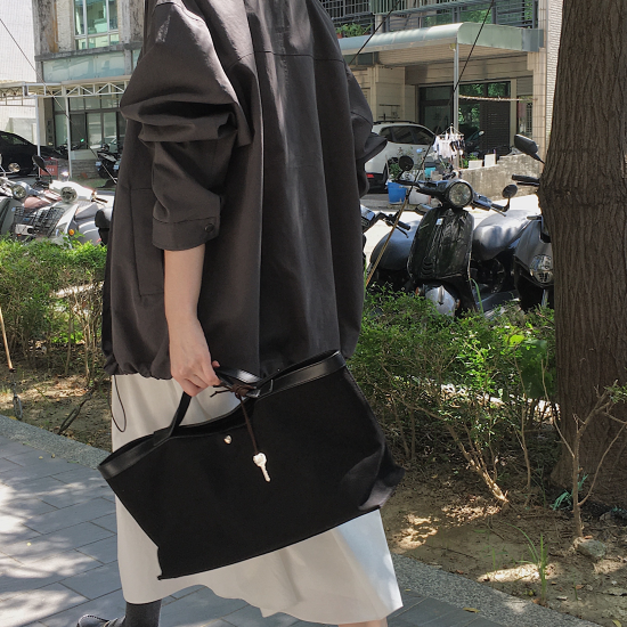 (本期推薦)小立領下抽繩overfit夾克 - 深灰 (本期推薦)小立領下抽繩overfit夾克 - 深灰