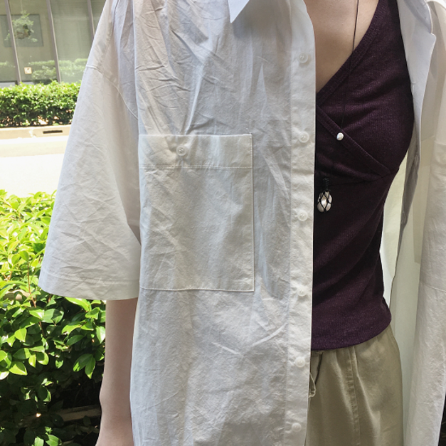 (本期推薦)(設計師款)小男孩短袖襯衫 - 素面米白