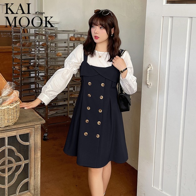 韓國顯瘦雙排釦白色襯衫+黑色吊帶裙【D33021】 韓國顯瘦雙排釦白色襯衫+黑色吊帶裙【D33021】