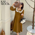 棕綠色娃娃領綁帶長洋裝【D33700】 棕綠色娃娃領綁帶長洋裝【D33700】