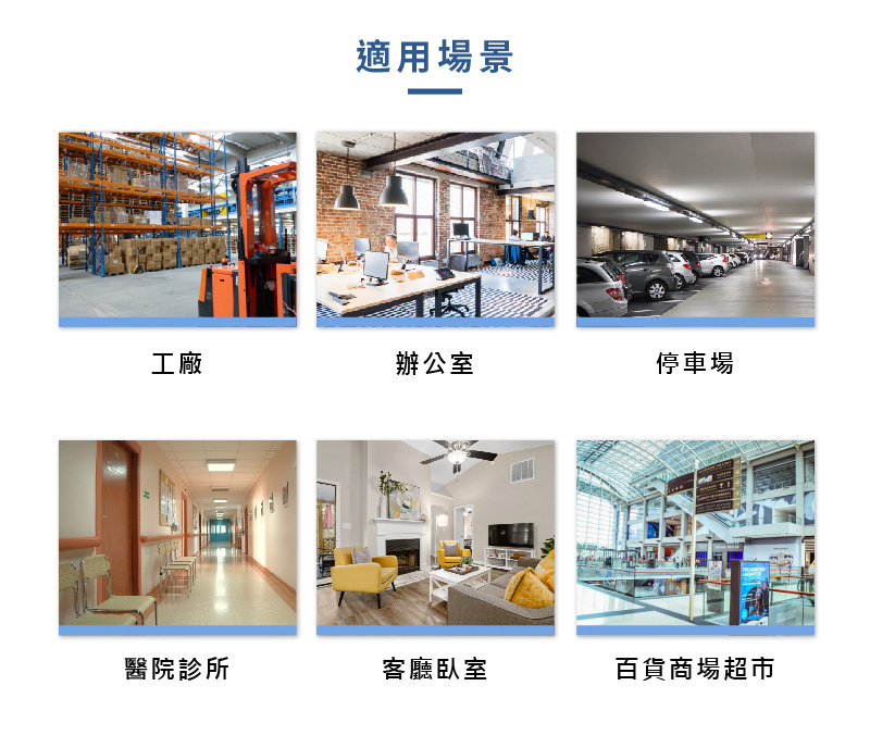 適用場景 工廠/辦公室/公司/停車場/醫院診所/居家客廳臥室/百貨商場超市