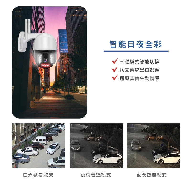 智能日夜全彩,三種模式智能切換/捨去傳統黑白影像/還原真實生動情景