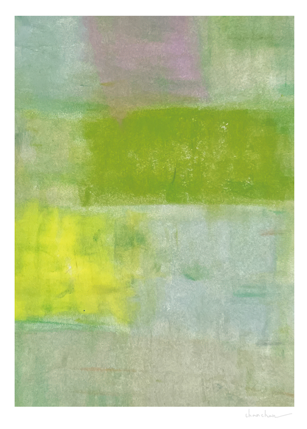 日常2|Chan Chan 油性粉彩抽象風景藝術微噴,綠、黃、淡紫色域構成