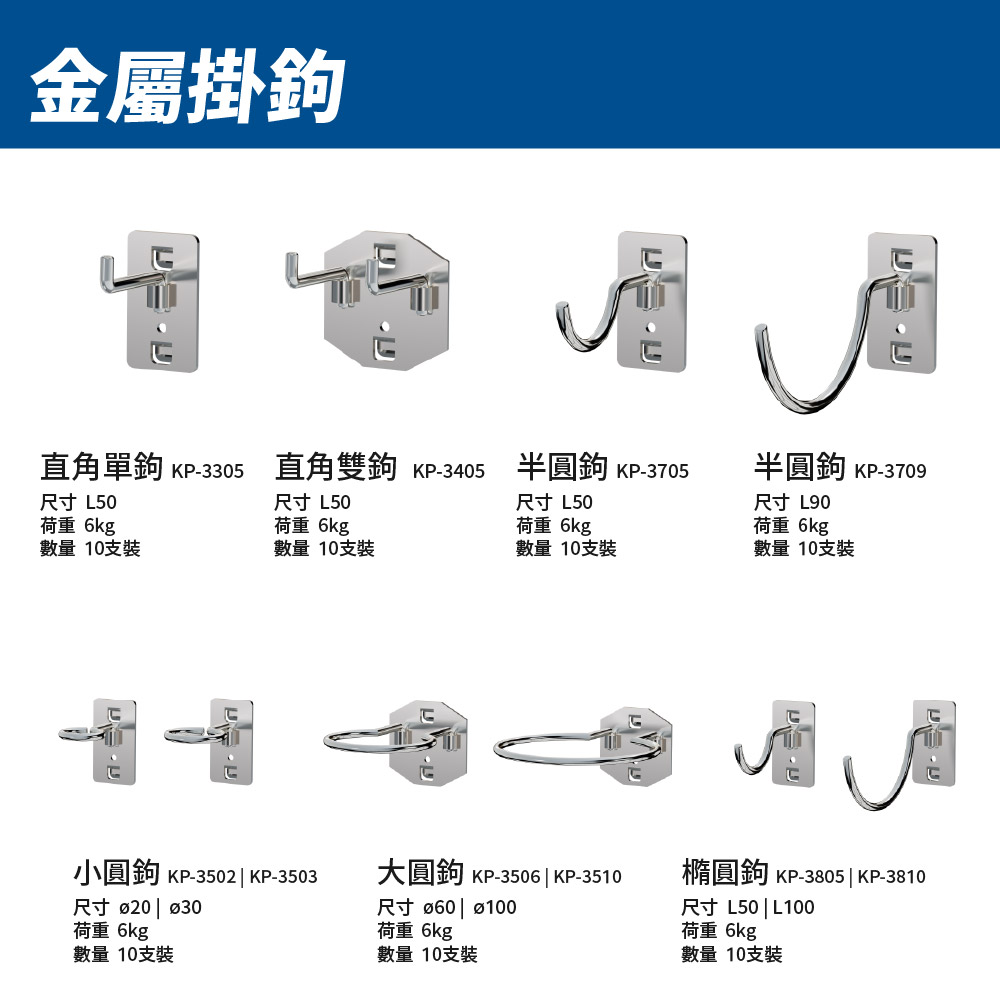 天鋼掛鉤配件規格表 直角單鉤 直角雙鉤 半圓鉤 圓鉤 橢圓鉤 KP-3305