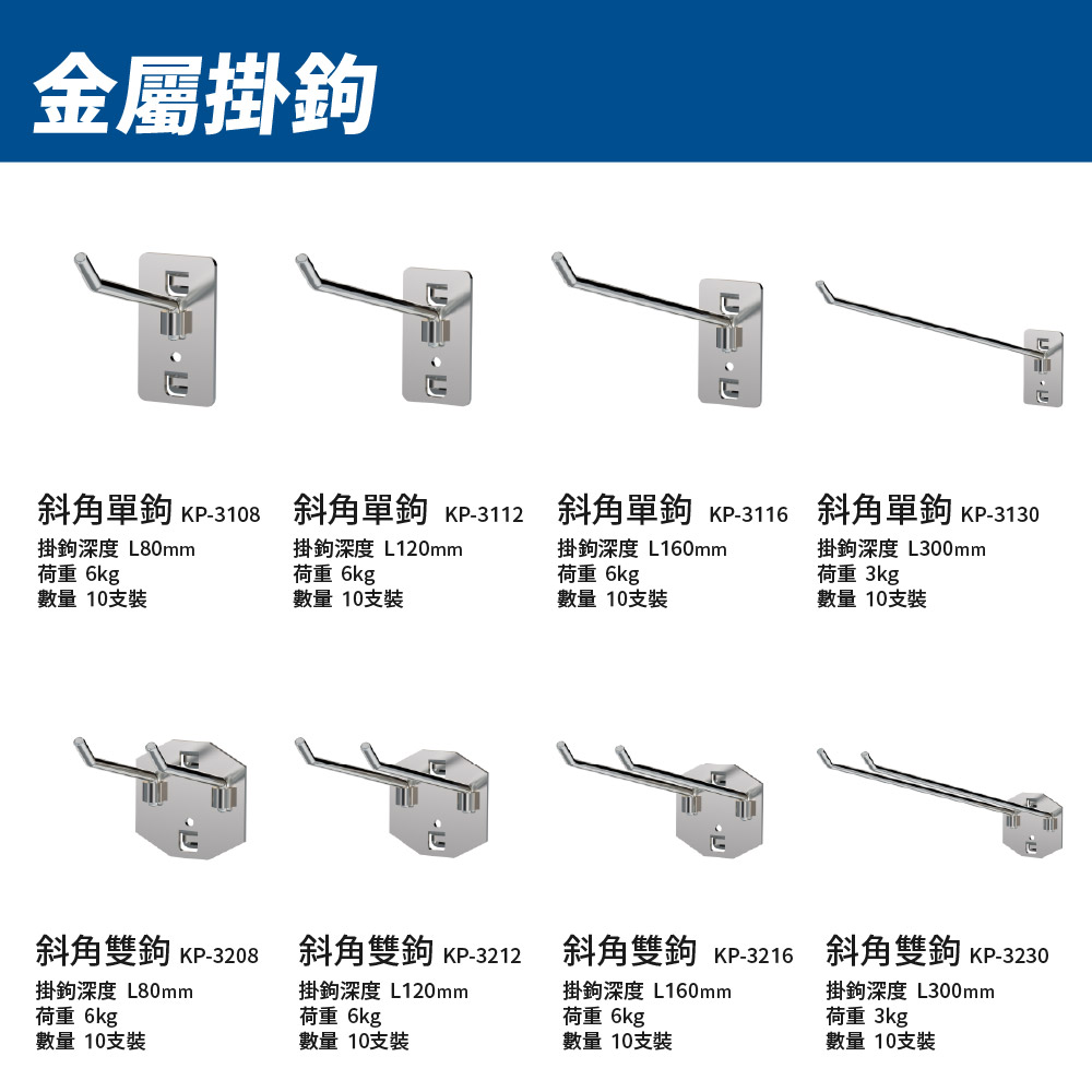 天鋼斜角單鉤與斜角雙鉤系列工具掛鉤規格表 KP-3108 KP-3208
