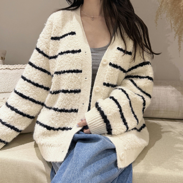 羊毛圈條紋毛絨開襟外套 20040129